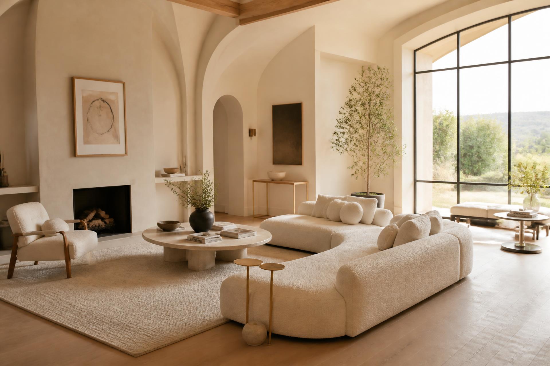 Sunlit minimalist luxury living room with cream plaster walls and brushed gold accents